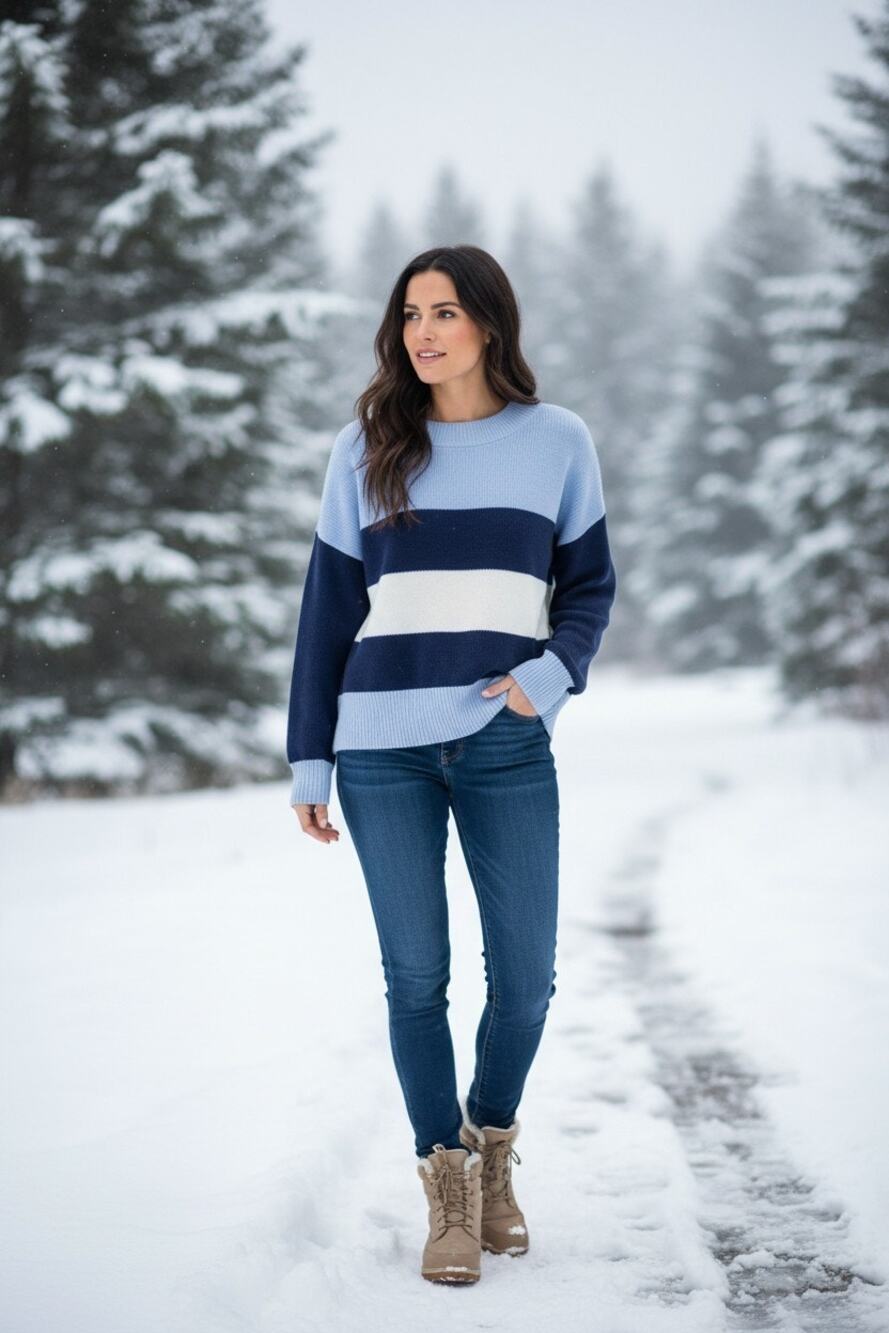 Lucky Brand Women's Colorblock Striped Relaxed Pullover Sweater Size Lg Blue